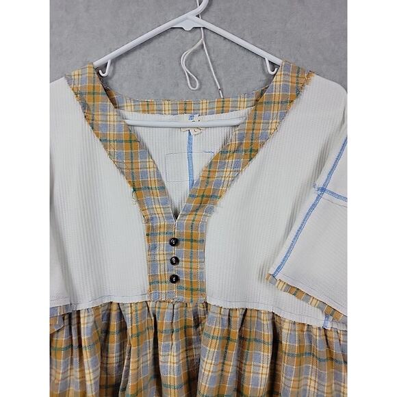 POL White Brown Plaid SS Thermal Flannel Peplum Tunic Women's Large - Picture 3 of 12